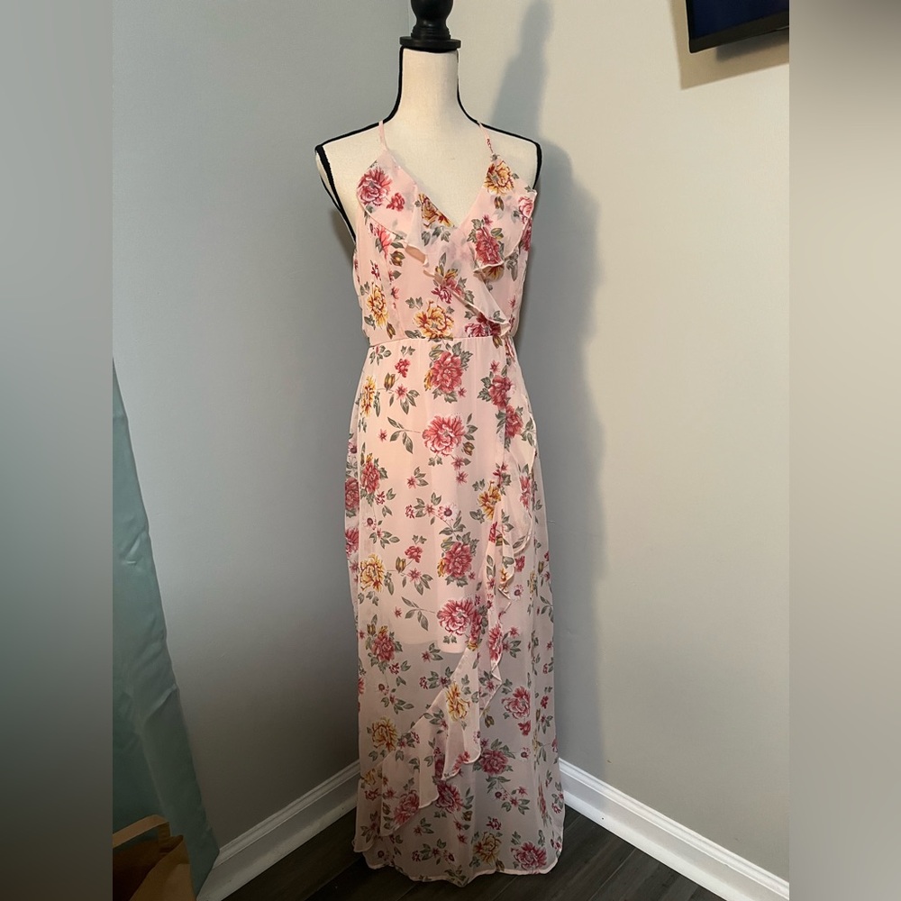 No Boundaries Pink Maxi Sundress with Spaghetti Straps and Floral Pattern
